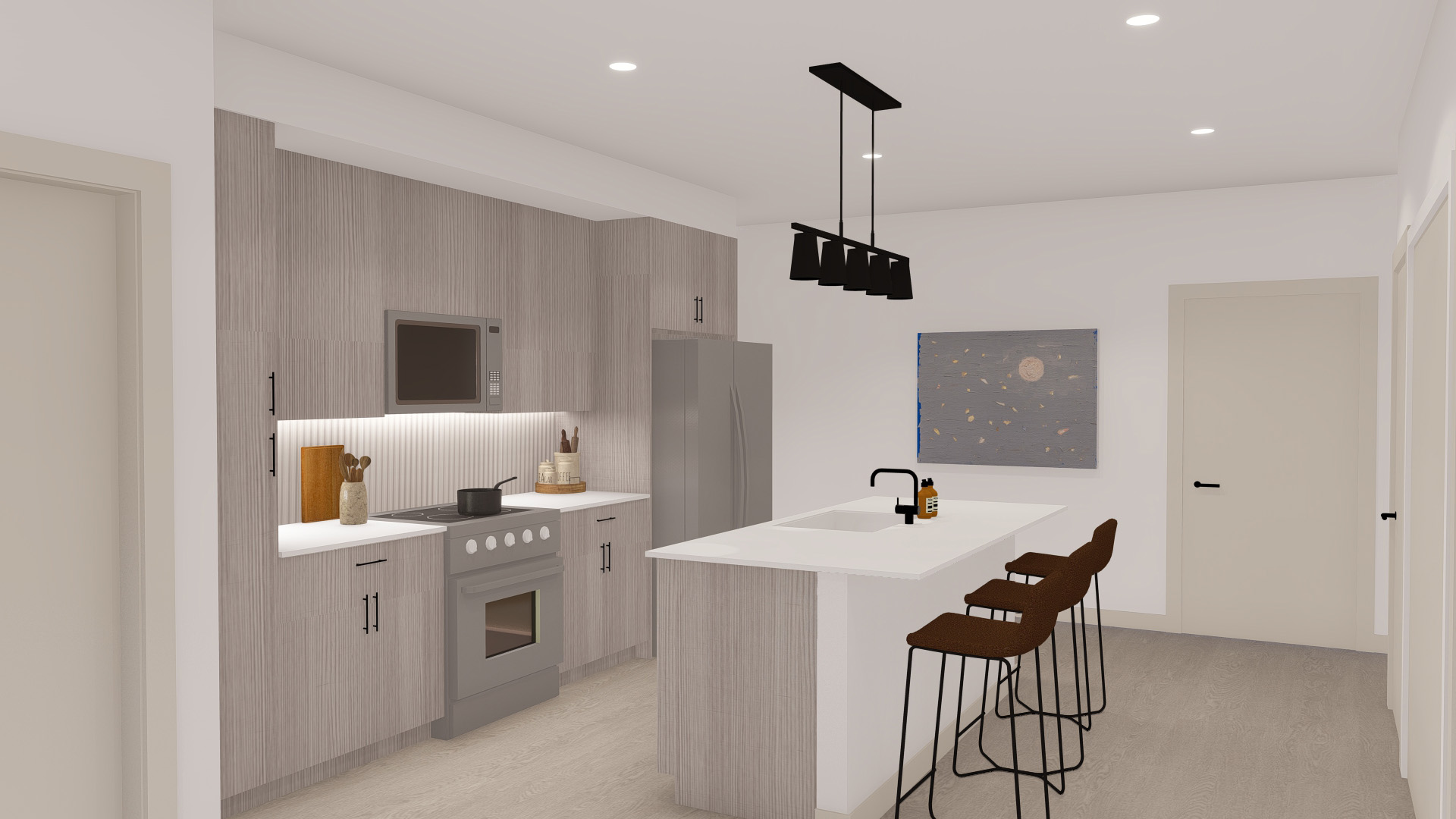 apartment kitchen with large island with seating for 3, pendant and can lighting, custom veneer cabinets, and stainless appliances.