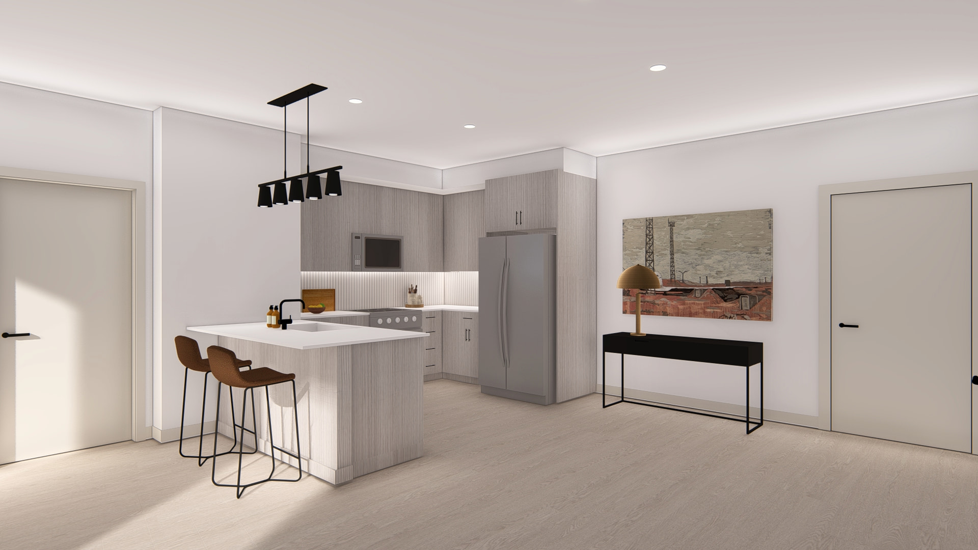 large open kitchen with stainless appliances, island with sink and bar seating for three, and a decorative low table running along the adjacent wall.