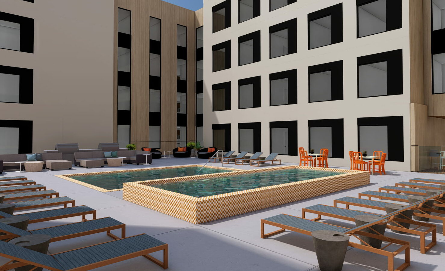 Rooftop rectangular swimming pool with adjacent raised rectangular spa.